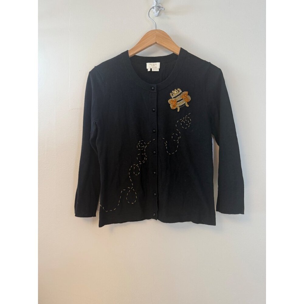 Kate Spade New York Honey Bee Beaded Embroidered Cardigan Black 3/4 Sleeves Sma
